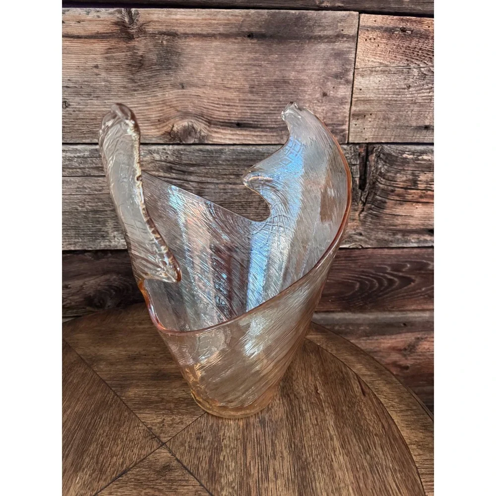 Vintage IMCM Amber Art Glass Handkerchief Vase Hand Blown Sculptural 15